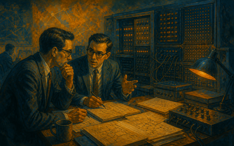 Investigadores de los años cincuenta trabajan junto a un ordenador pionero de inteligencia artificial