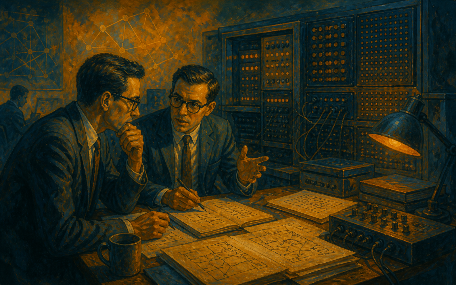 Investigadores de los años cincuenta trabajan junto a un ordenador pionero de inteligencia artificial
