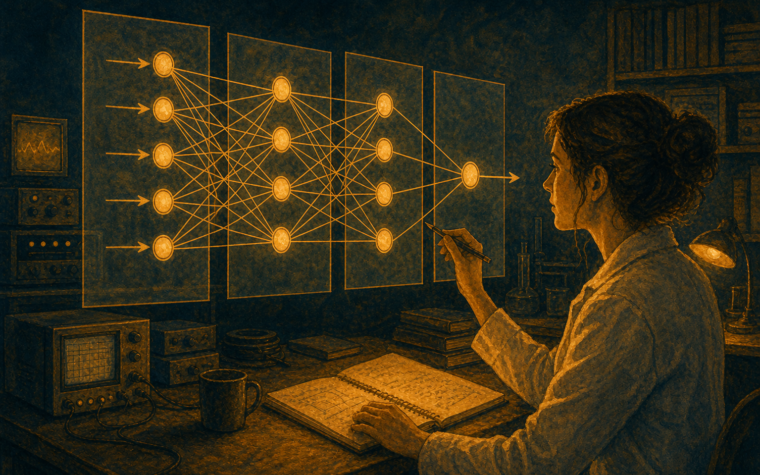 Una investigadora observa las capas y conexiones de una red neuronal artificial