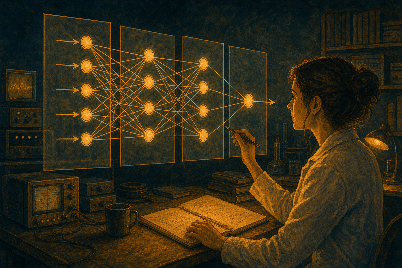 Una investigadora observa las capas y conexiones de una red neuronal artificial